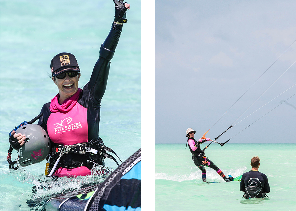 Woman in Belize Kitesurf sandbar waiving and another woman riding