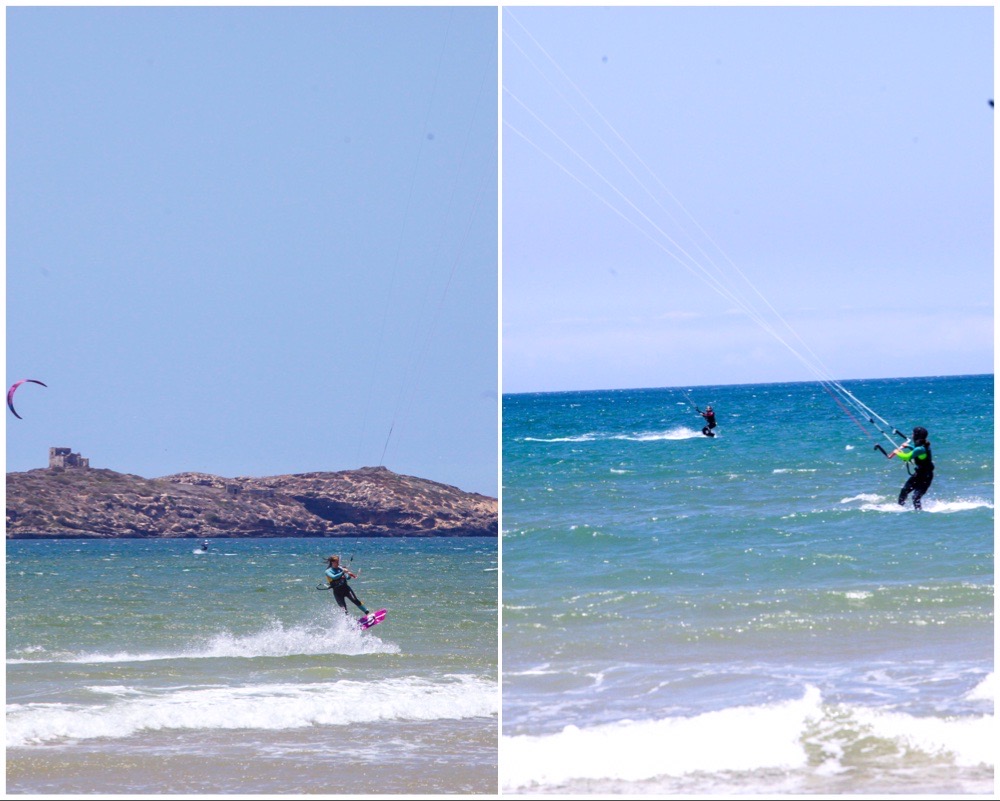 2 photos together: on the left, kite sister popping toward the left and, on the right, another beginner kite sister making her first tries on a Kite board kite girl water starting to the right
