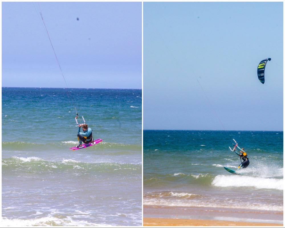 2 photos together: on the left, a Kite girl doing a backfoll and, , on the right, the same kite girl riding a surf board at Essaouira Kitesurf beach