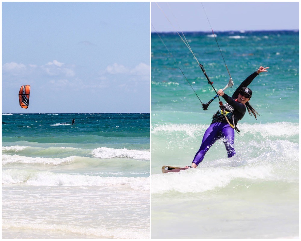 2 photos together: one the left, there is a kiter riding far away from the shore, close to the reef and, on the right, a kite girl riding and waiving at the camara; during the Kite Sisters Kitesurf Tulum Mexico Camp