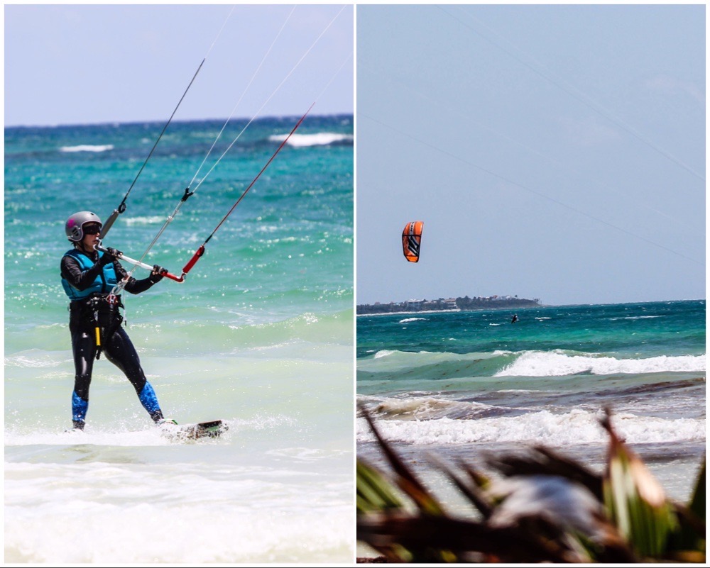 2 photos together: one the left, a kite girl riding on a pristine clear water and, on the right, a kiter riding far away from the shore on a turquoise water bay during the Kite Sisters Kitesurf Tulum Mexico Camp